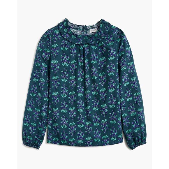 J. Crew Tops - J Crew Long Sleeve Ruffle-Neck Poplin Green Floral Blouse Size Large Cottagecore